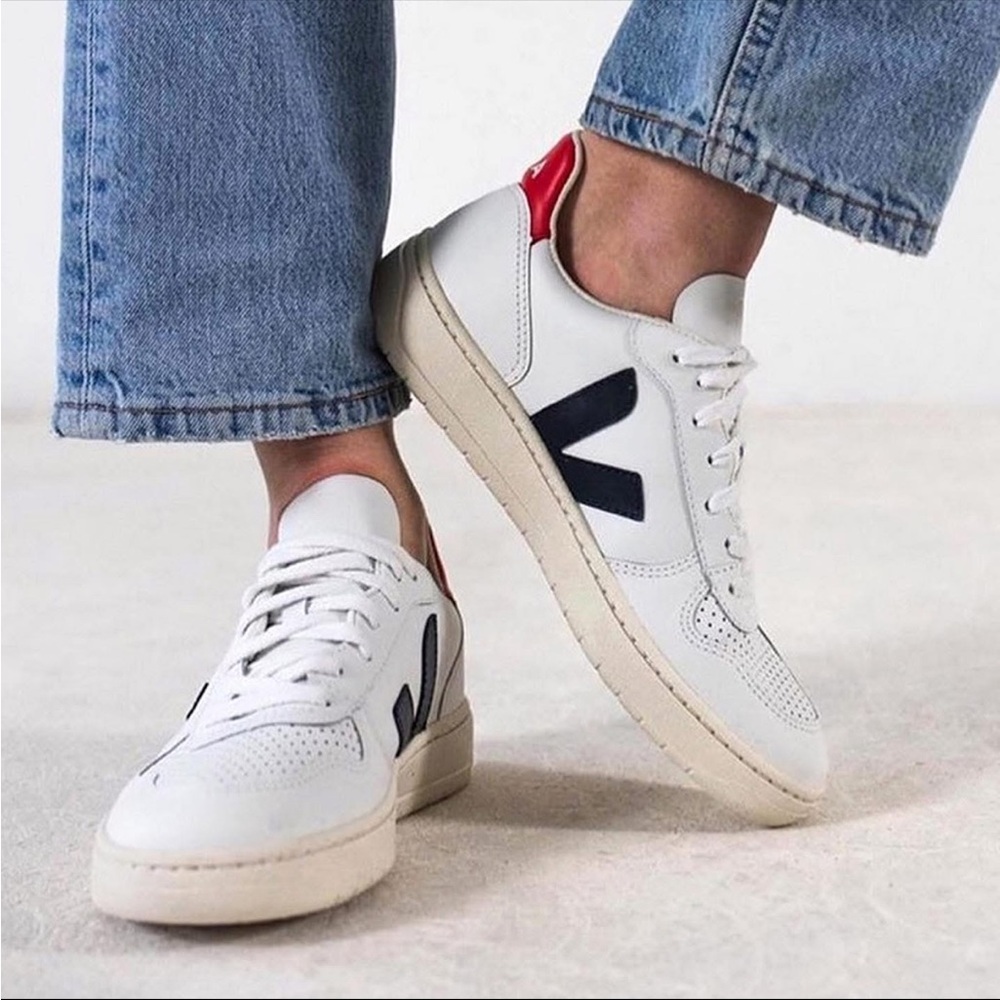 Unisex Classic Veja White Sneakers with Navy Accent